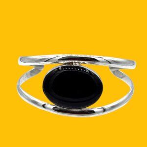 Vintage Sterling Silver Onyx Split Shank Cuff Bracelet